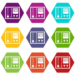 Fire shield icon set color hexahedron