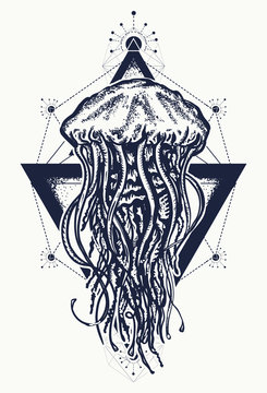 Jellyfish Tattoo Geometric Style. Mystical Symbol Of Adventure, Dreams, Deep Sea. Creative Geometric Jellyfish Tattoo Art T-shirt Print Design Poster Textile