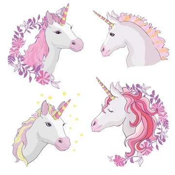 Unicorn vector icon isolated on white. Head portrait horse sticker, patch badge. Cute magic cartoon fantasy cute animal. Rainbow hair. Dream symbol. Design for children