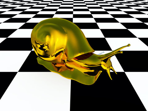 Goldene Schnecke auf einem Schachbrettmuster