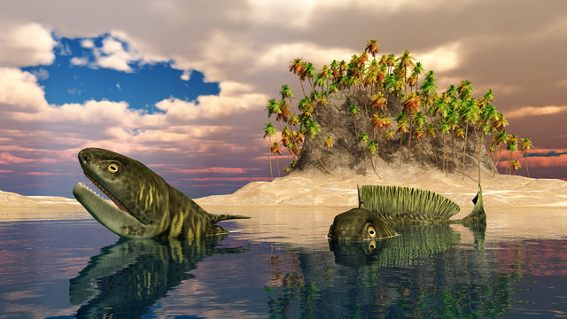 Pr&auml;historischer Hai Orthacanthus in einer Ozeanlandschaft
