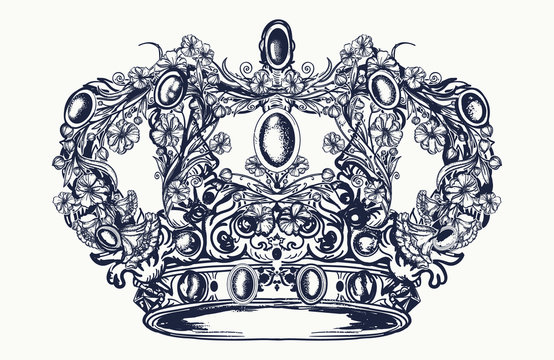 Crown tattoo and t-shirt design. Royal imperial crown from art nouveau flowers tattoo and t-shirt design