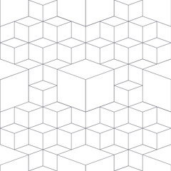 Geometric abstract 3d grid seamless pattern, grey thin lines cubes on white background