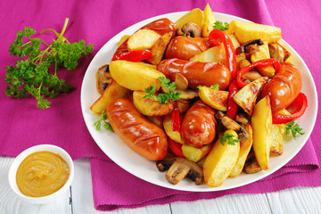 close-up of hot delicious grilled sausages