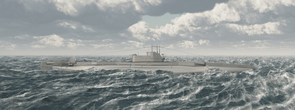 British submarine of World War II in the stormy sea