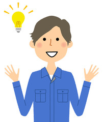 作業服の男性　ひらめく