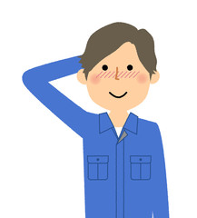 作業服の男性　照れる