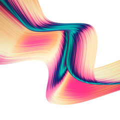 3D render abstract background. Colorful twisted shapes in motion. Computer generated digital art for poster, flyer, banner background or design element. Holographic foil ribbon on white background.
