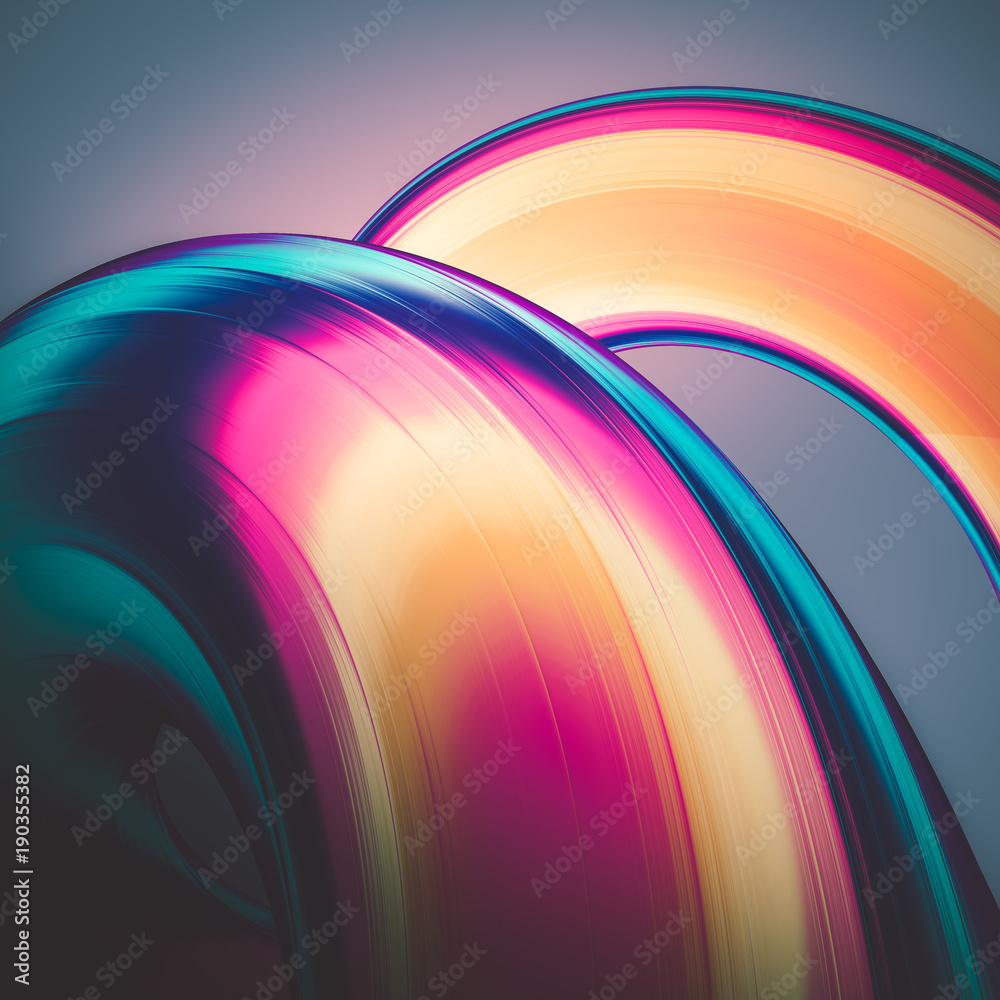 Fototapete 3D render abstract background. Colorful twisted shapes in motion. Computer generated digital art for poster, flyer, banner background or design element. Holographic foil ribbon on dark background.
