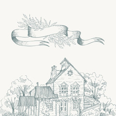 Old farmhouse and garden border. Ribbon for text. Hand drawn illustration. Vector design