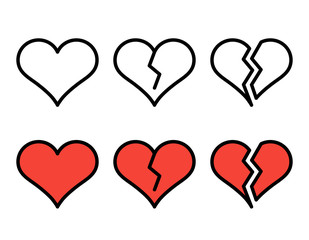 Set of outline broken heart icons isolated on white background. Line love pictograms. Amour sign. Valentines day symbols for website design, mobile app, logo, ui. Editable stroke. Vector illustration.