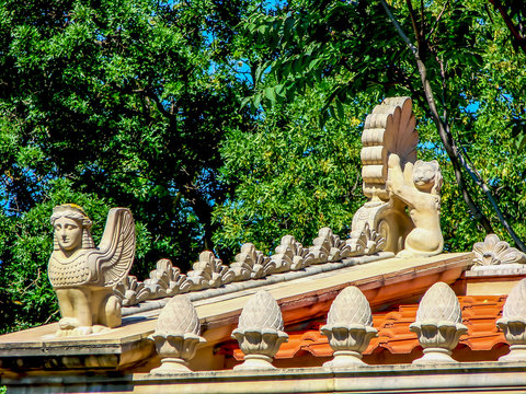 Mythological sculptures on the pediment and roof of the Temple of Zeus. Old park. Kabardinka. Krasnodar region. Russia