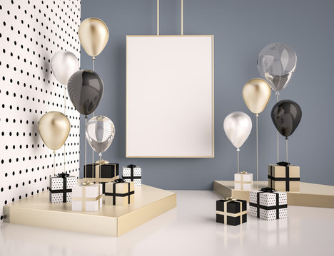 Interior mock up scene with black and gold gift boxes and balloons. Realistic glossy 3d objects for birthday party or promo posters or banners. Empty space for poster size design element.