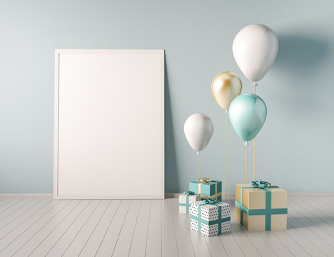 Interior mock up scene with blue and gold gift boxes and balloons. Realistic glossy 3d objects for birthday party or promo posters or banners. Empty space for poster size design element.