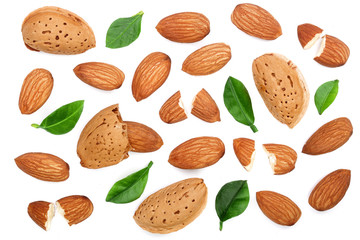 almonds with leaves isolated on white background. Top view. Flat lay pattern