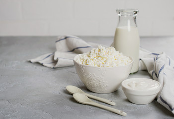 Organic farmer's fresh dairy products: milk, cottage cheese, sour cream. On gray concrete background.