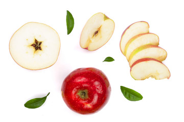 red apples with slices and leaves isolated on white background top view. Set or collection. Flat lay pattern