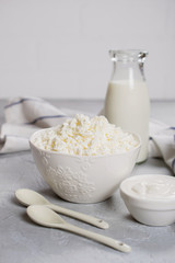 Organic farmer's fresh dairy products: milk, cottage cheese, sour cream. On gray concrete background.