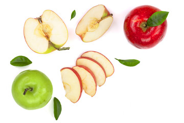 red and green apples with slices and leaves isolated on white background with copy space for your text, top view