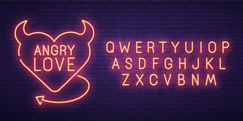 Angry Love. 3d neon sign, bright signboard, light banner. Valentine's day logo, emblem and label. Neon sign creator. Neon text edit