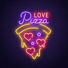 Pizza Love. 3d neon sign. Realistic neon sign. Love day banner, logo, emblem and label. Bright signboard, light banner.  