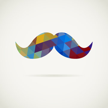 Moustache in colorful pattern of triangles with shadow. Vector hipster symbol in pop art style. All isolated and layered