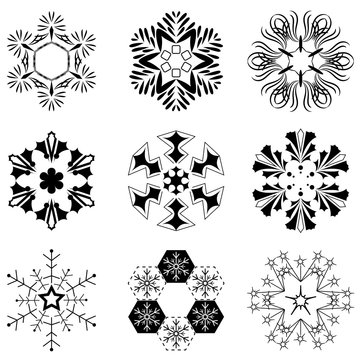 Mandalas geometric circular or snowflake ornament vector set on white background