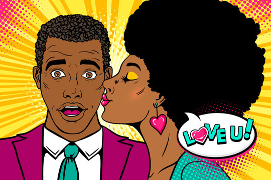 Wow couple. Happy african surprised man with open mouth and sexy womanwith afro hairstyle kissing him and Love you speech bubble. Vector background in retro pop art comic style. Valentines day poster.
