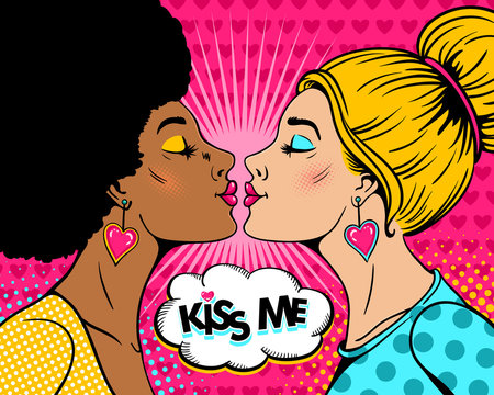 Wow female couple. Two sexy blonde and afro women in profile stretch to each other for kiss and Kiss me speech bubble. Vector background in retro pop art comic style. Valentines day invitation poster.