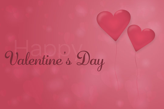 Valentine’s day. Background with hearts and 2 balloons in the foreground. Text: Happy Valentine’s Day.