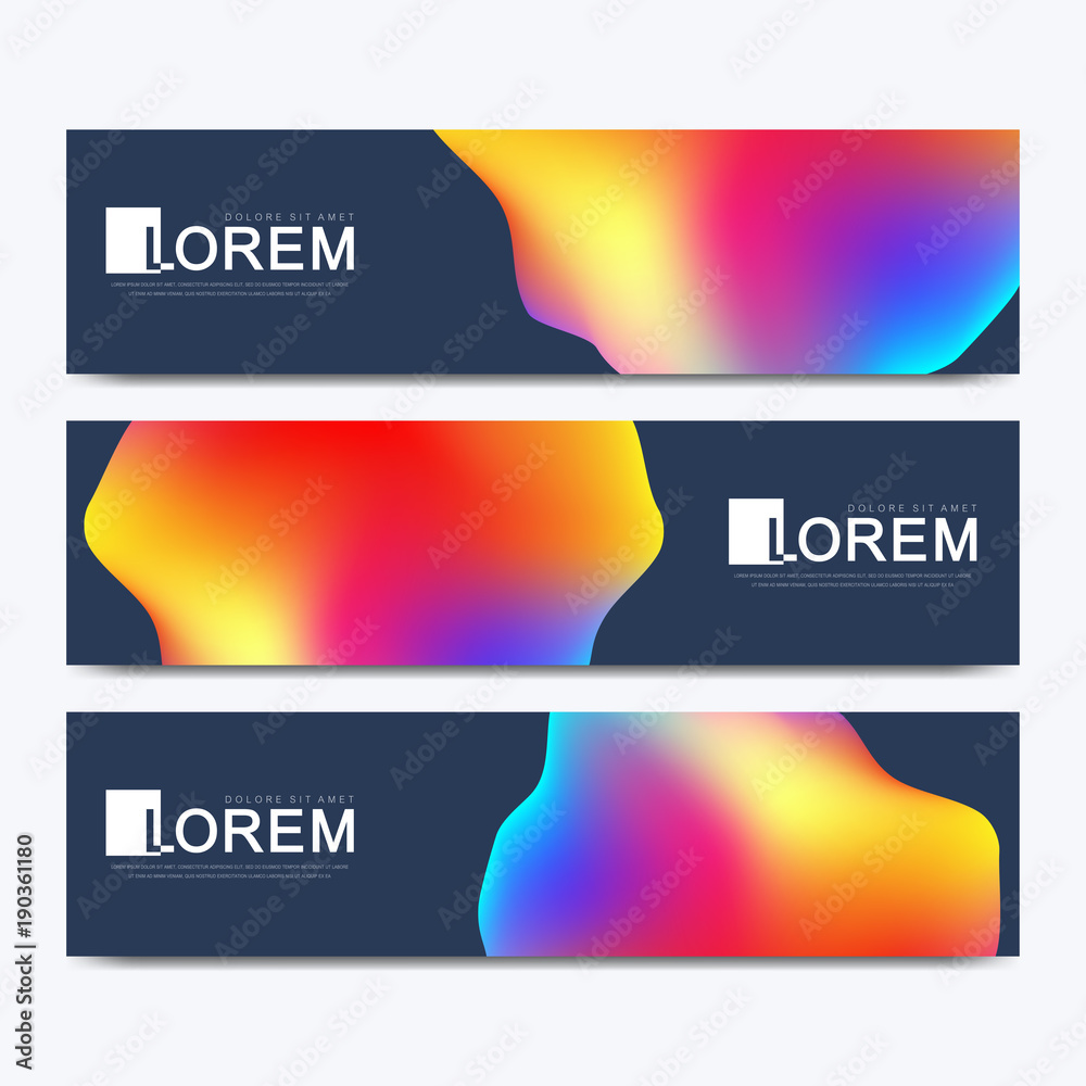 Poster Modern set of vector banner. Abstract fluid 3d shapes vector trendy liquid colors backgrounds set. Colored fluid graphic composition illustration.