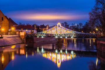 Tumski bridge at night in Wroclaw, Silesia, Poland