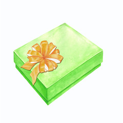 Watercolor illustration of a gift box with a ribbon bow.