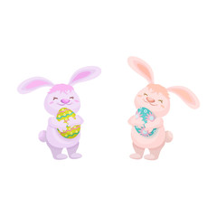 vector cartoon hand drawn stylized hare, rabbits character holding easter decorated eggs smiling set. Isolated illustration on a white background. Easter and spring symbols.