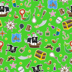Seamless illustration of the topic of piracy and Maritime travel color patch icons on green background
