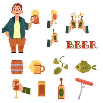 Vector cartoon beer symbol icon set. Obese man holding mug of golden lager cool beer with thick foam, bottle of beer, green hop cones, leaves, sausages, dried fish, illustration on isolated background
