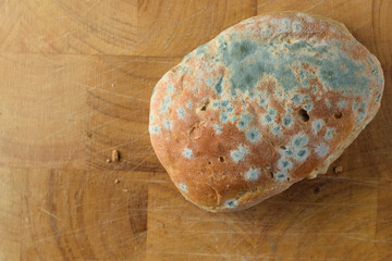 Moldy bread on wooden surface. Top view with space for text.