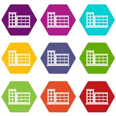 Industrial factory building icon set color hexahedron