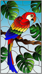 Illustration in stained glass style bird parakeet on branch tropical tree against the sky