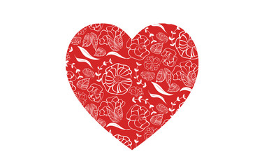 Red heart shape with floral pattern for love greeting card design for print and web - isolated on white background