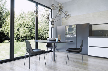 Fototapeta na wymiar Modern interior design dining room, kitchen, garden view
