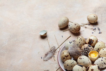 Plate with fresh quail eggs decorated with feather. Organic food. Rustic style.