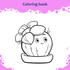 Coloring book page for kids. Color the cute cartoon cactus with flower