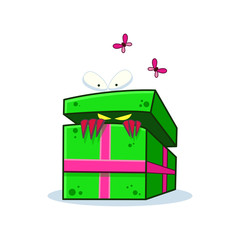 Cartoon monster, who looking inside out gift box with face on white background. Vector image to create original web games, graphic design