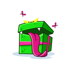 Cartoon monster gift box with teeth and tongue on white background. Vector image to create original web games or graphic design