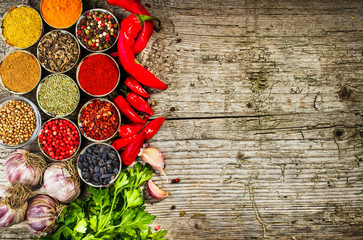 Set of Indian spices on wooden table - Top view