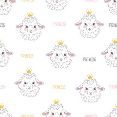 Seamless sheep princess pattern. Vector background with lambs. Baby print.