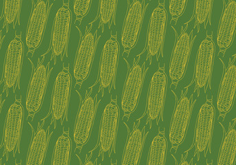 Vector hand drawn Corn cobs pattern in gold color on green background