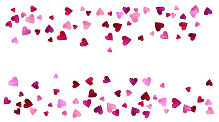 Valentines Day Vector Confetti Border. Falling Down Petals, Showering Pink, Red Hearts. Wide Valentines Day Background, Celebration Hearts Garland Rose Romantic Wedding Frame, Border, Banner Design