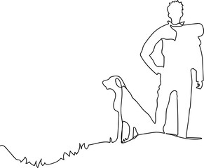 continuous line drawing of a man with a dog